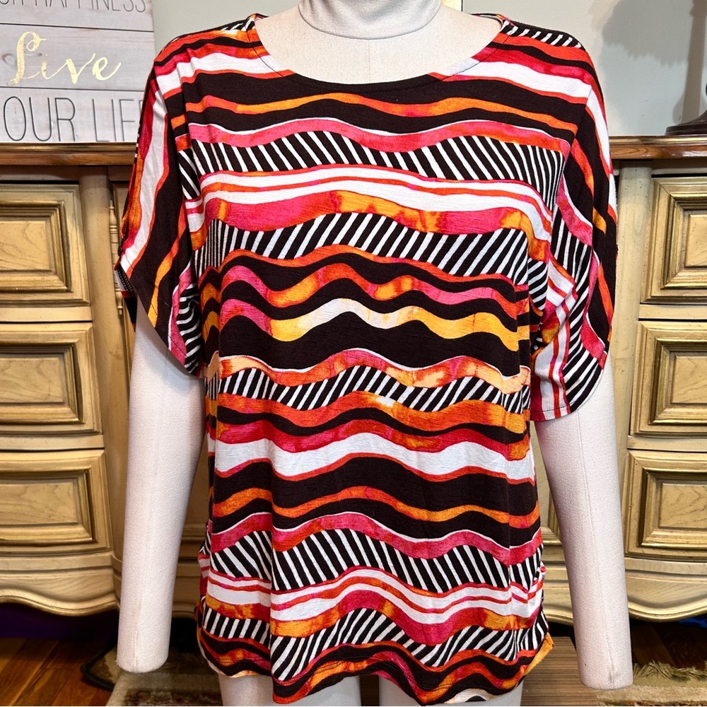 Chico's Orange White Brown Pink Striped Short Sleeve Dolman Cold Shoulder Blouse